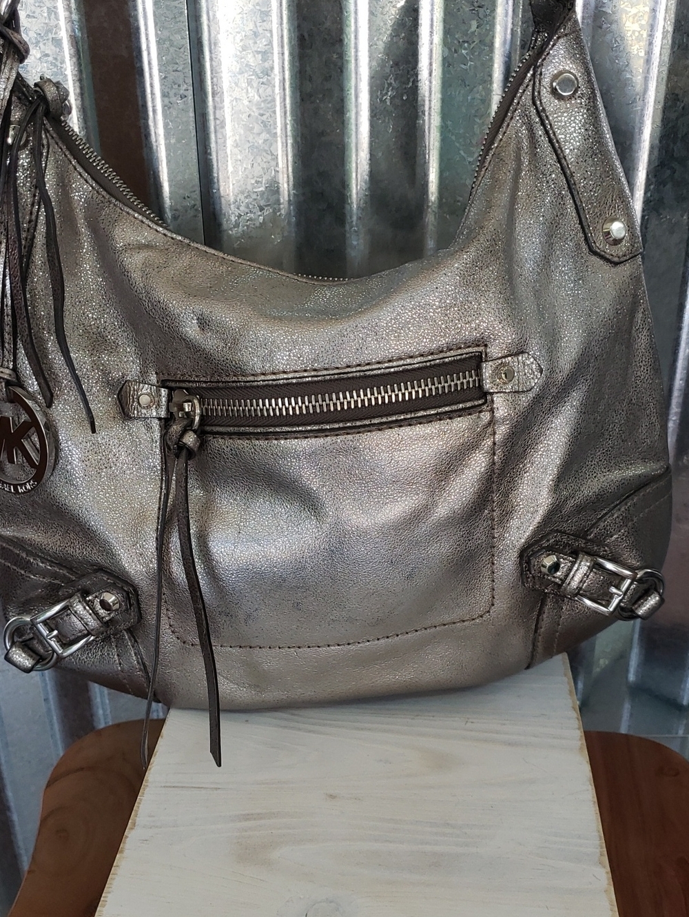 Michael Kors Metallic Pewter Leather Hobo Bag